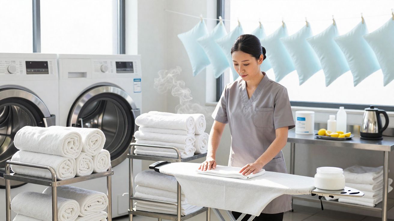 Mulher a passar roupas brancas num centro de lavandaria com toalhas e almofadas ao fundo.