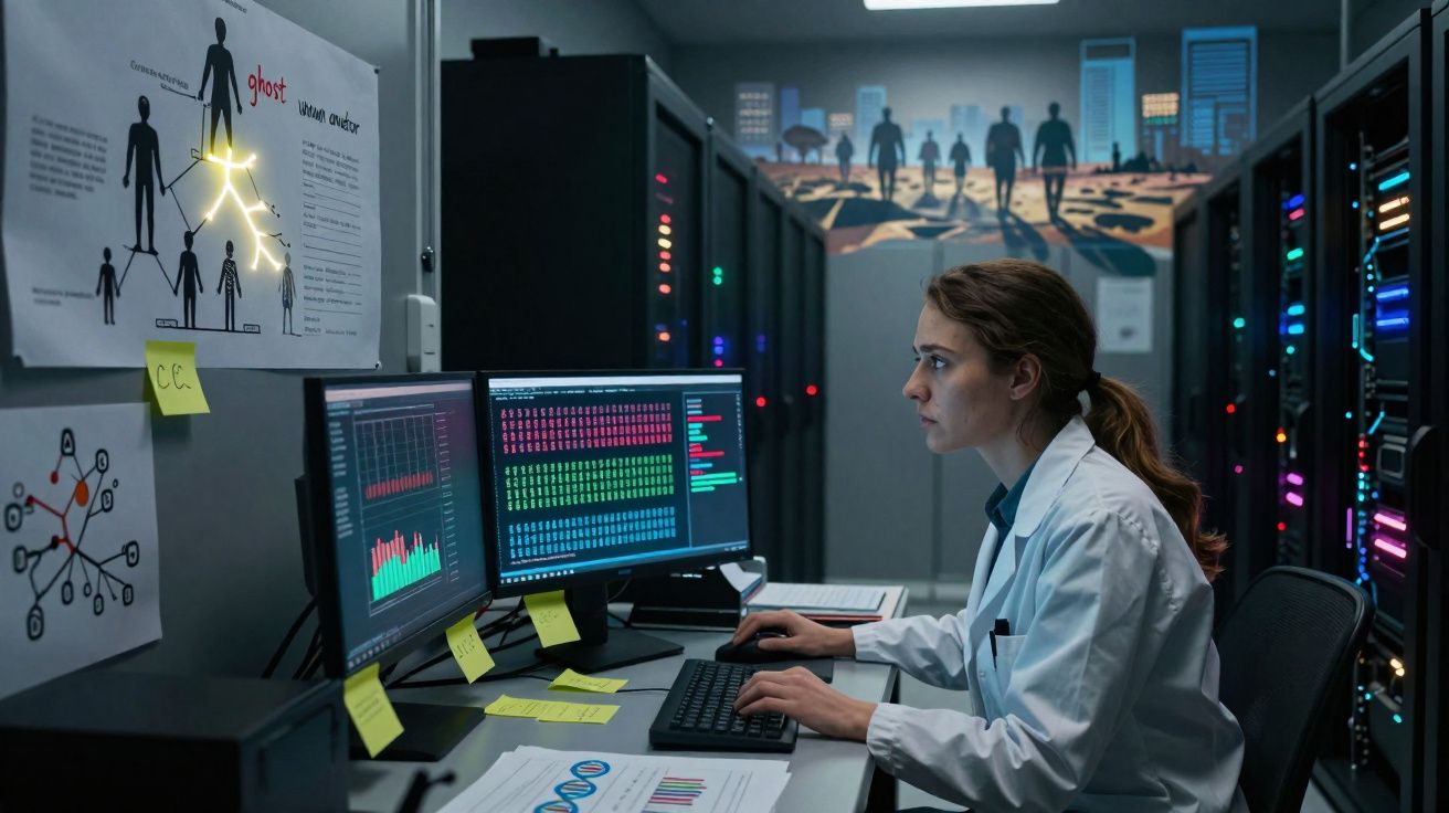 Mulher em ambiente tecnológico analisa dados em múltiplos ecrãs com servidores e gráficos ao fundo.