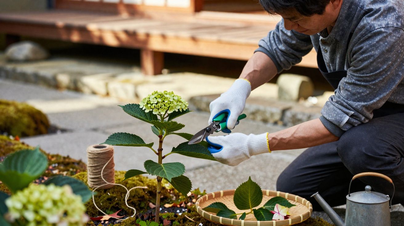 Pessoa podando planta de hortênsia com tesoura de jardim, usando luvas brancas e sentada no chão.
