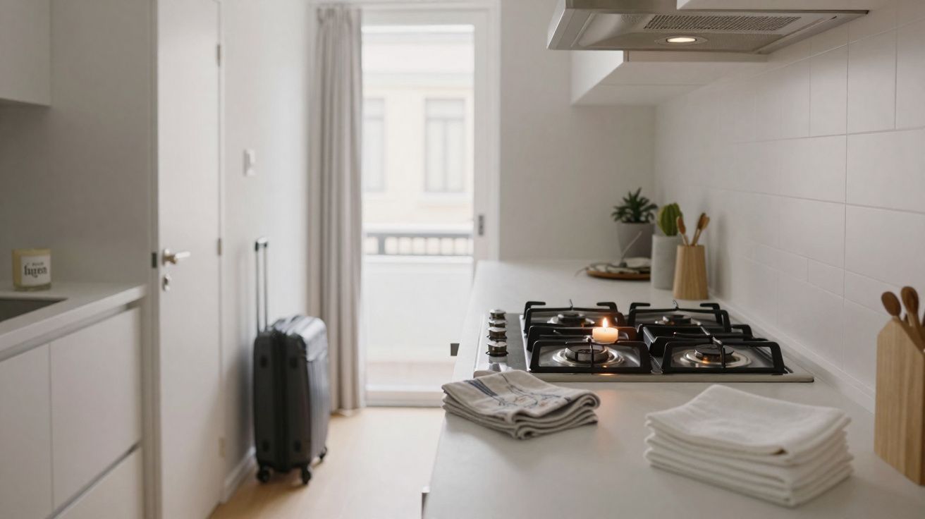 Cozinha minimalista branca com fogão a gás, toalhas dobradas e mala preta junto à porta de vidro.