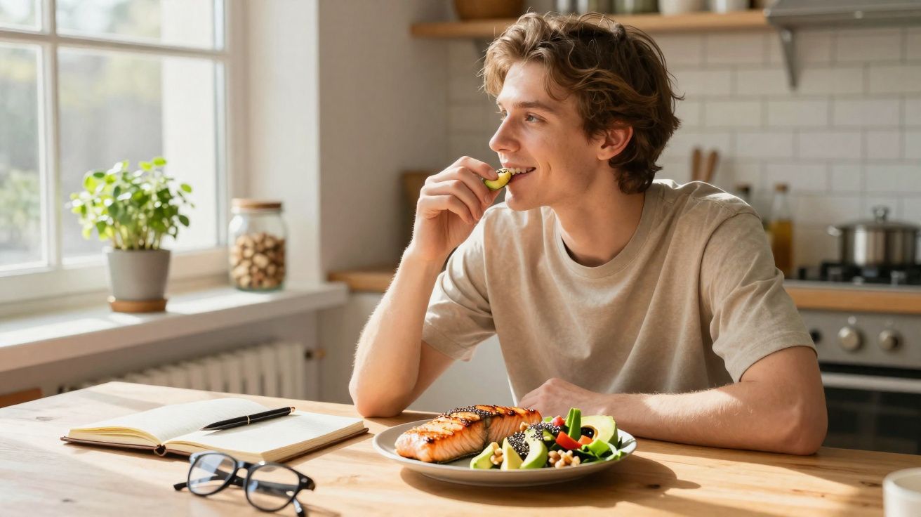 Homem jovem a comer salada e salmão cozinhado numa cozinha luminosa e moderna.