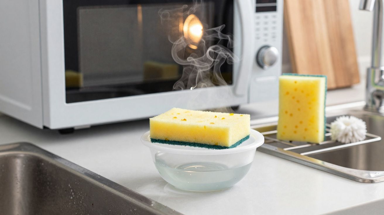Esponja húmida a libertar vapor sobre recipiente em bancada de cozinha com micro-ondas ao fundo.