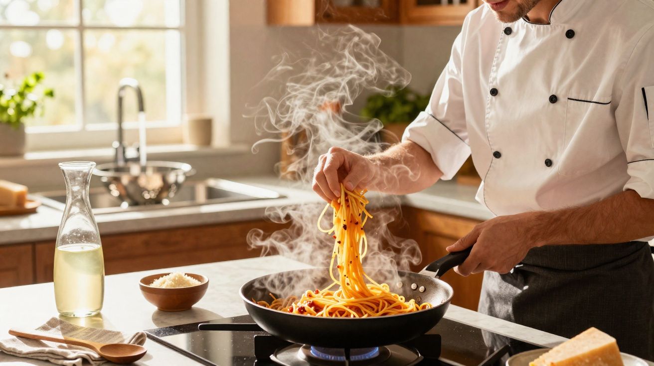 Chef a cozinhar esparguete numa frigideira fumegante numa cozinha moderna e iluminada.