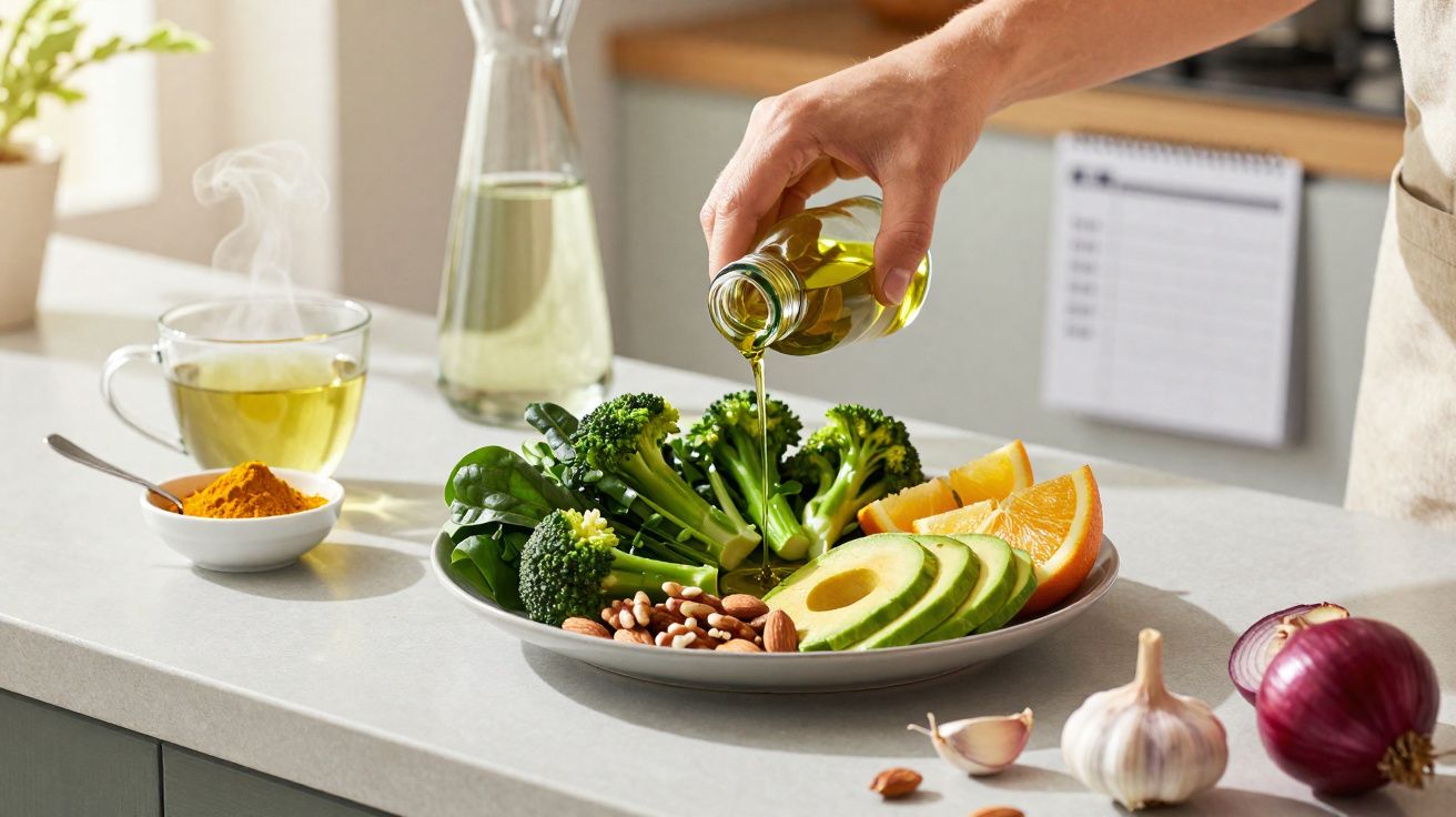 Mão a deitar azeite numa travessa com brócolos, abacate, espinafres, frutos secos e laranjas, na cozinha.