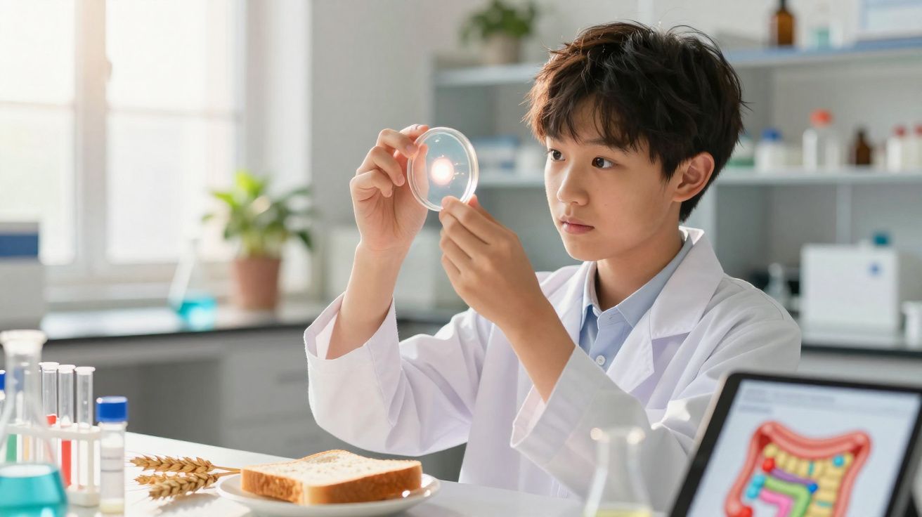 Jovem cientista em laboratório a examinar placa de Petri com amostra, pão e espigas de trigo sobre a mesa.