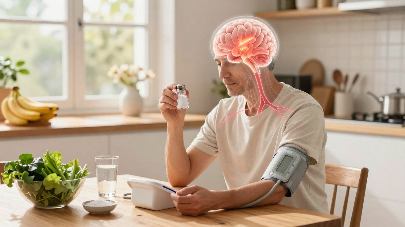 Homem a medir a pressão arterial em casa com destaque do cérebro e nervos para saúde neural.