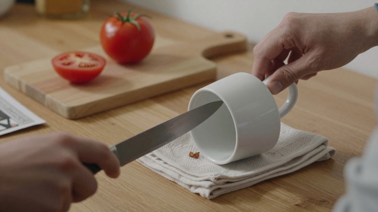 Mão segura caneca branca e outra mão atravessa a lâmina de uma faca pelo interior da caneca numa mesa de madeira.