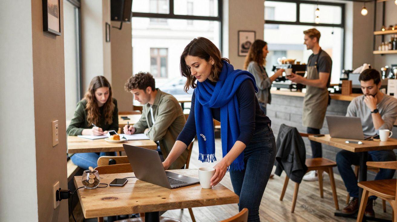 Mulher com cachecol azul usa portátil numa cafetaria com outras pessoas a estudar e trabalhar ao fundo.