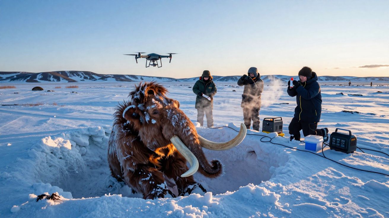 Mastodonte de peluche numa armadilha de neve com três pessoas e um drone em paisagem gelada.