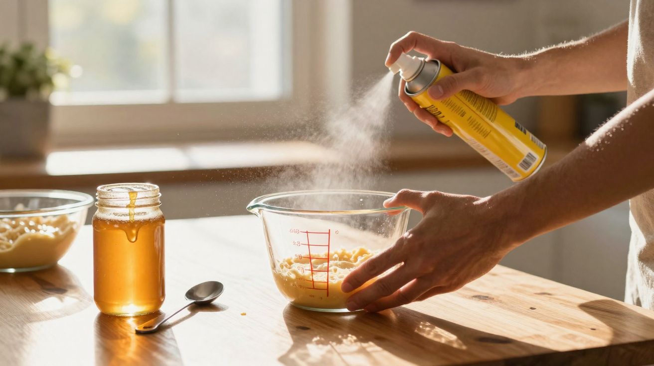 Mãos a pulverizar spray antiaderente numa taça de vidro com massa, ao lado de frasco de mel e colher numa bancada de madeira.
