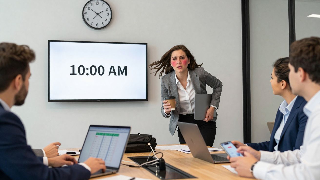 Mulher de negócios com ar cansado segurando café numa reunião das 10h da manhã com três colegas.