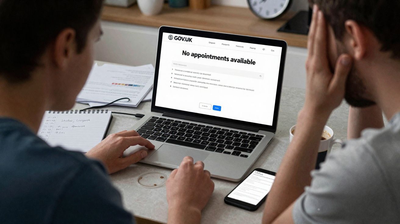 Duas pessoas sentadas à mesa veem um computador portátil com a mensagem "No appointments available".