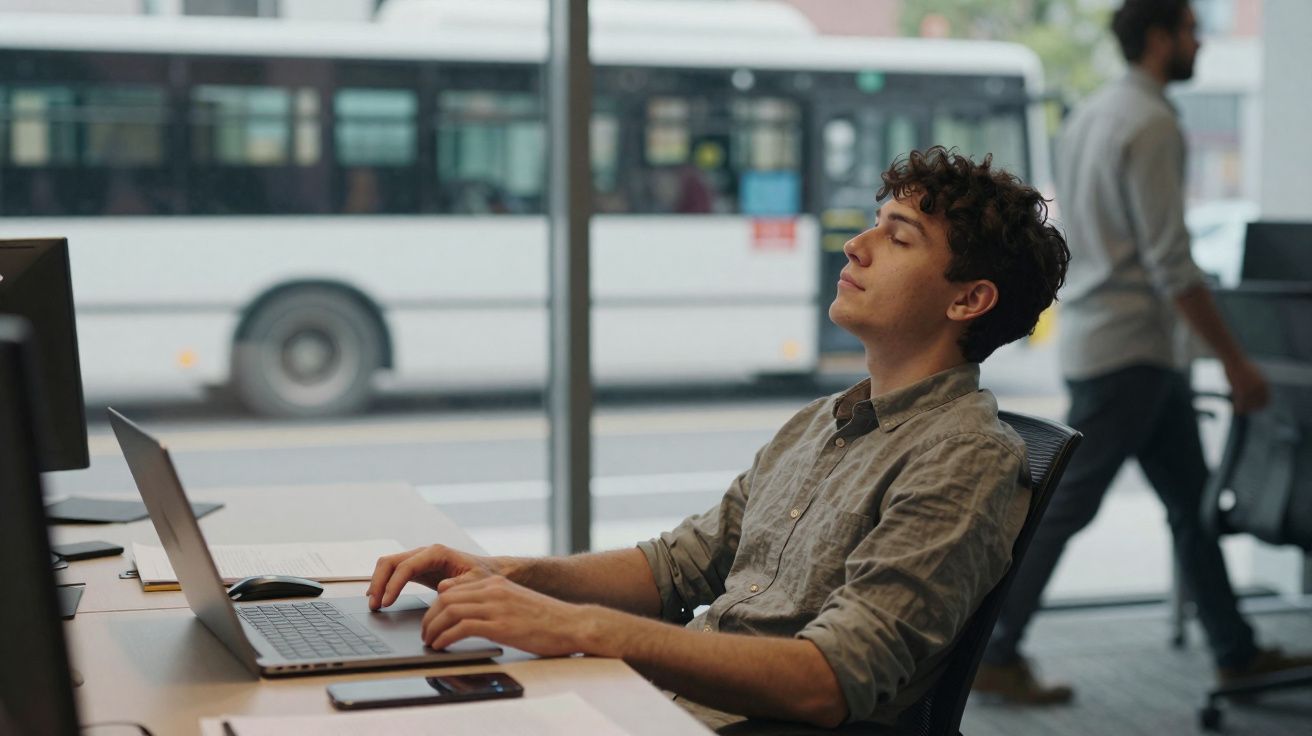 Homem sentado numa secretária num escritório com olhos fechados a descansar, autocarro visível pela janela.
