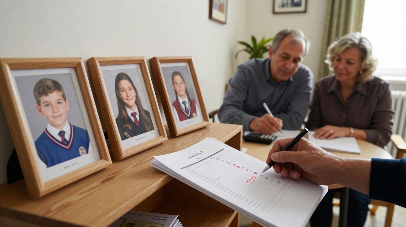 Pessoa a corrigir provas escolares enquanto casal observa com fotografias de crianças em destaque.