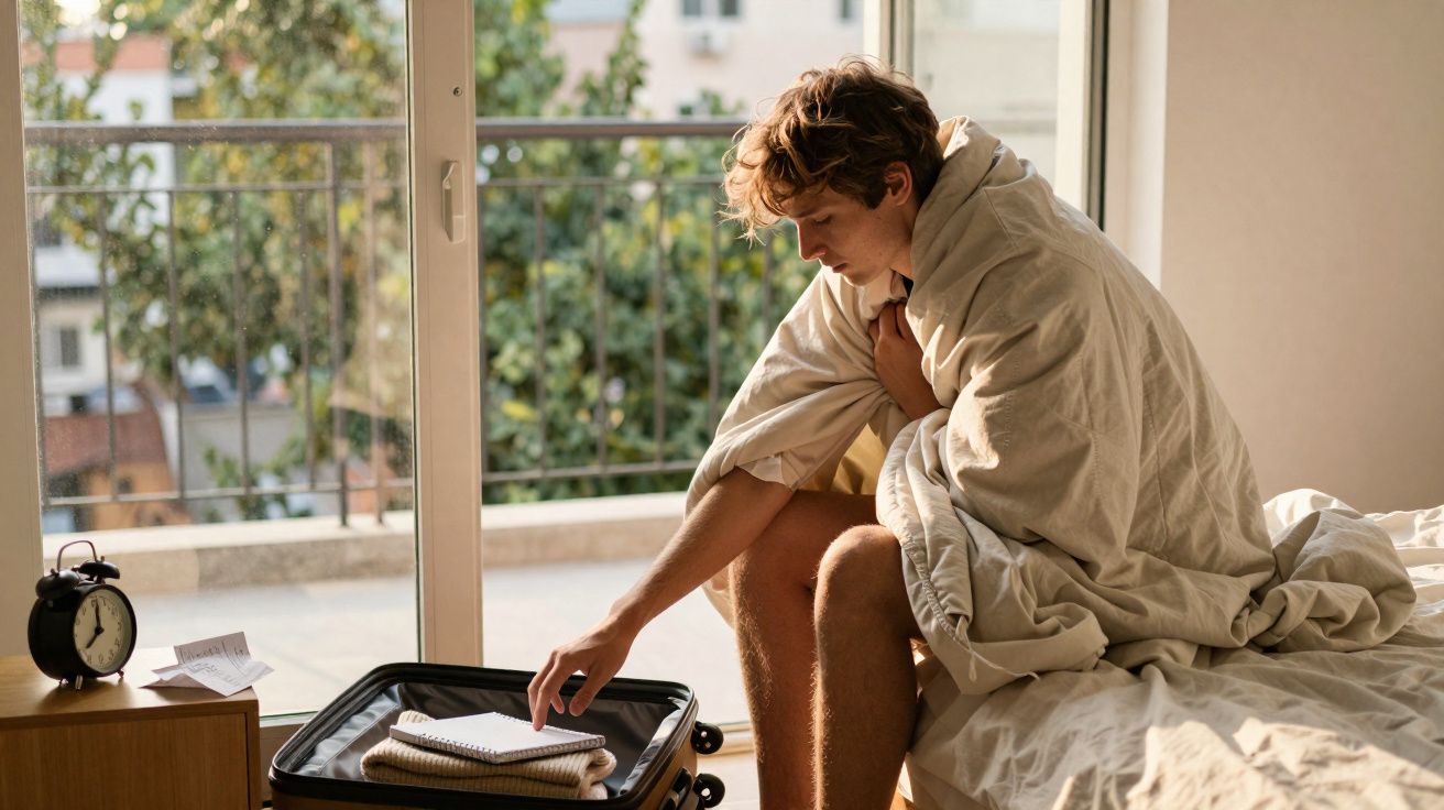 Jovem sentado na cama enrolado numa manta, arrumando roupas numa mala junto a uma janela com vista para árvores.