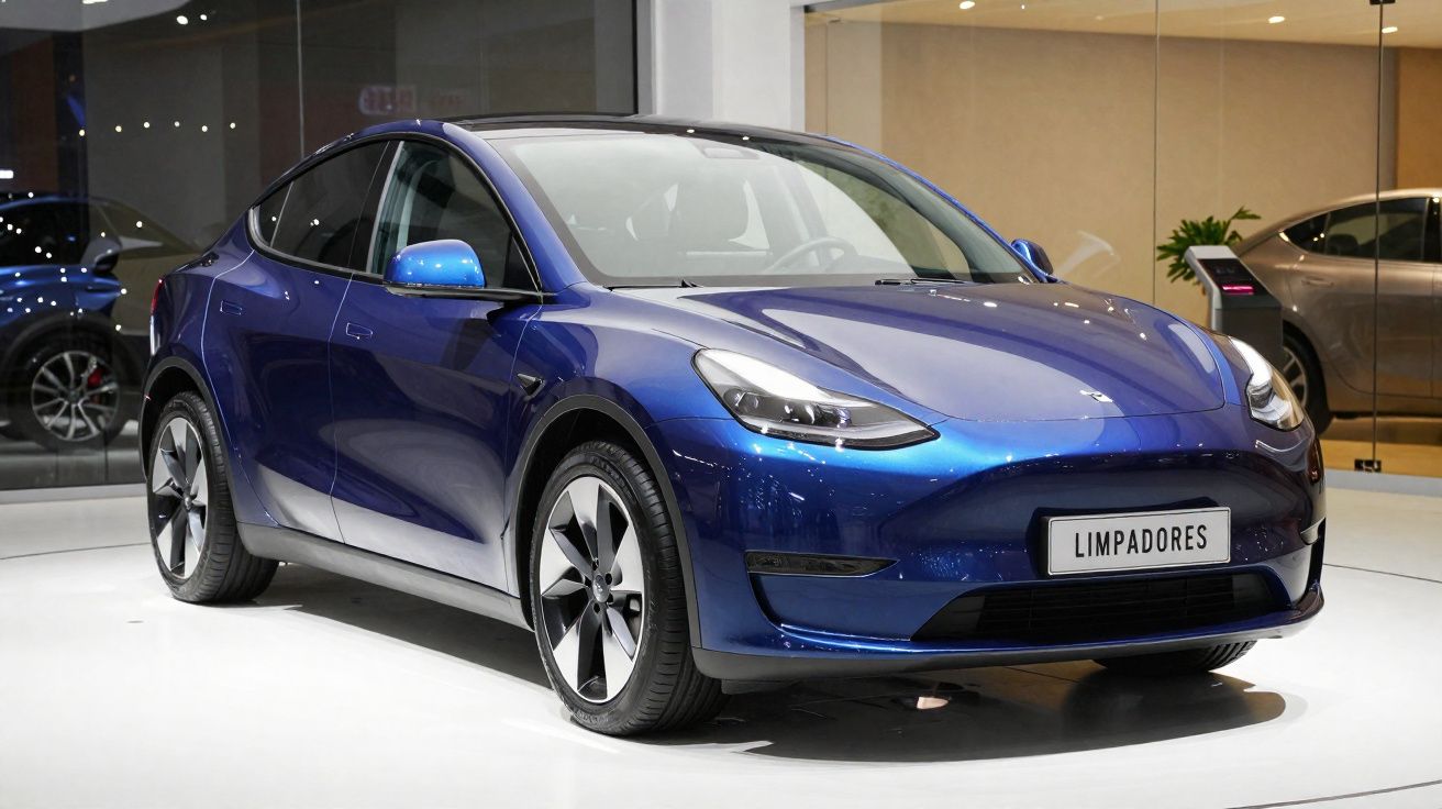 Carro elétrico azul metálico exposto em feira automóvel com iluminação interior e placa com a palavra “Limpadores”.