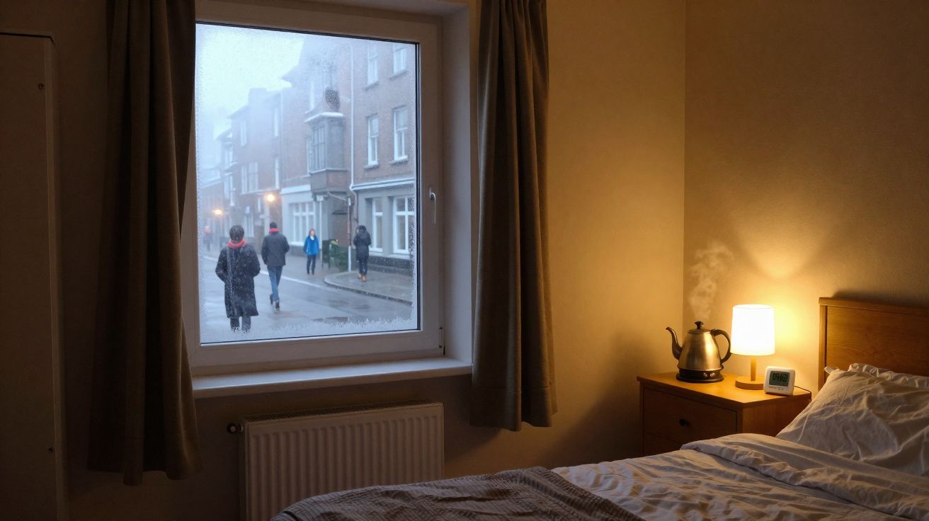 Quarto acolhedor com cama, mesa de cabeceira iluminada e janela mostrando pessoas a caminhar em dia nevoento.