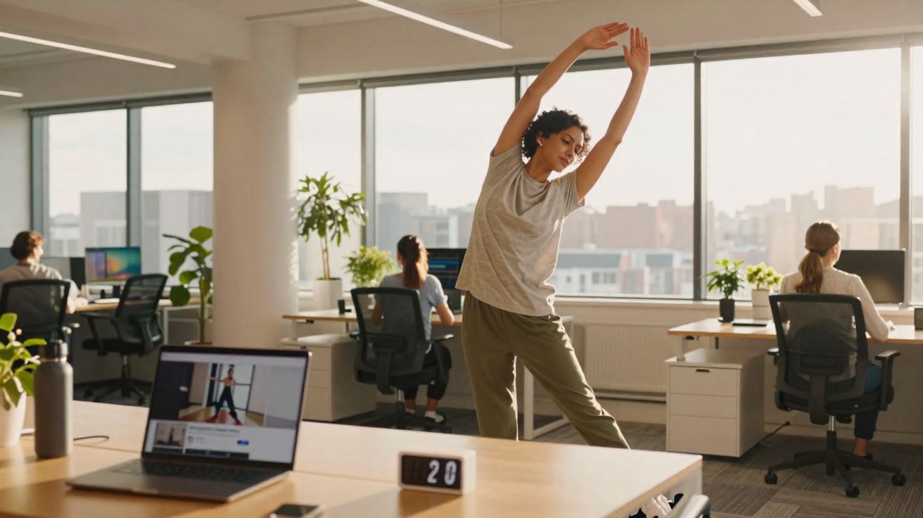 Mulher a fazer alongamentos num escritório moderno com colegas a trabalhar ao fundo.