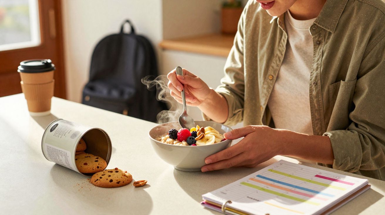 Pessoa a comer uma tigela de papas quentes com frutos e nozes, ao lado de biscoitos e uma agenda colorida.