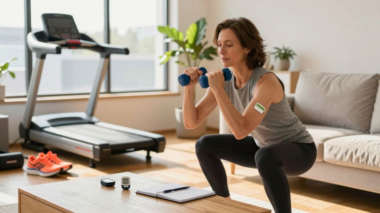 Mulher a fazer agachamentos com halteres em casa, com monitorização de saúde visível no braço.
