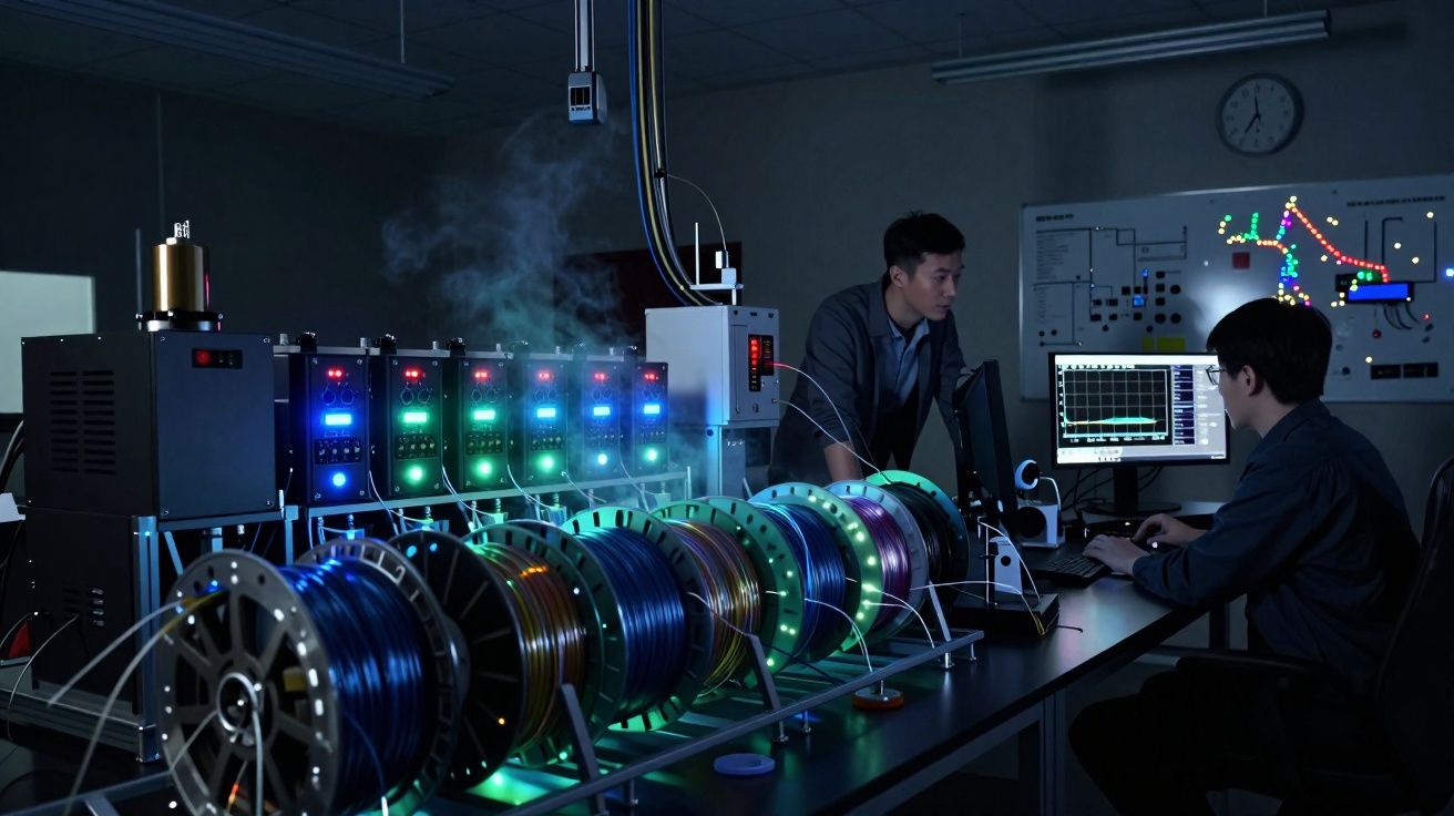 Dois técnicos analisam dados num laboratório tecnológico com equipamentos eletrónicos e bobinas iluminadas.