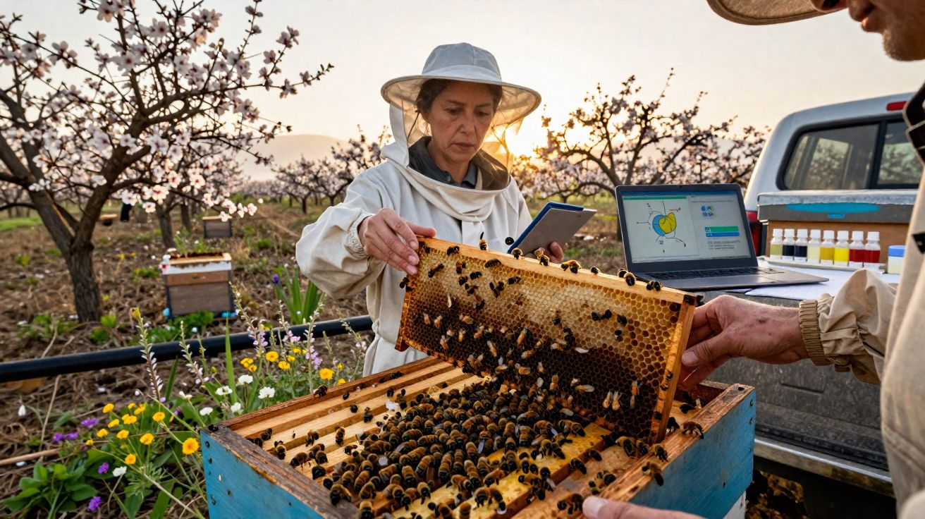 Apicultores com fato protector a inspecionar colmeia com abelhas, árvores floridas e laptop numa quinta ao pôr do sol.