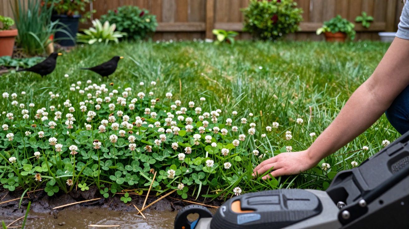 Pessoa a limpar relva perto de trevo com flores brancas num jardim com duas aves pretas ao fundo.