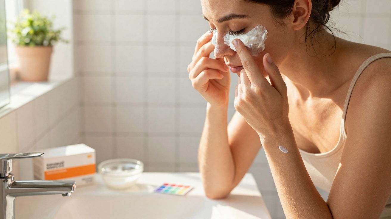 Mulher a aplicar creme facial branco no rosto junto a um lavatório numa casa de banho iluminada.