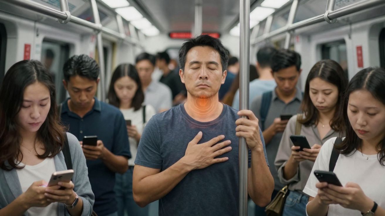 Homem com mão no peito parece sentir desconforto no pescoço numa carruagem de metro cheia de passageiros com telemóveis.