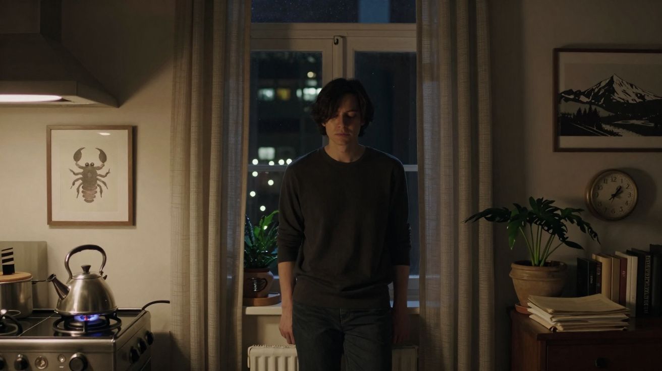 Homem de cabelo castanho escuro de pé numa cozinha à noite, com chaleira no fogão e quadros nas paredes.