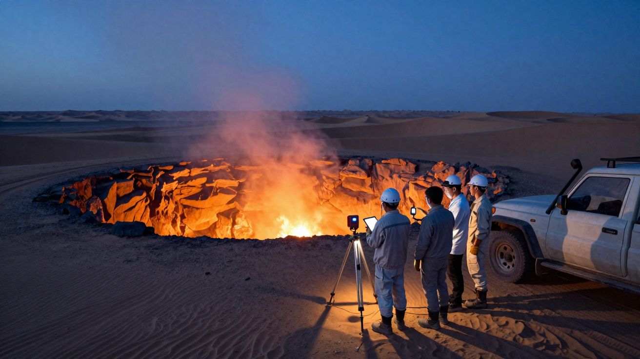 Quatro pessoas com capacetes observam uma cratera em chamas no deserto ao anoitecer, perto de um veículo.