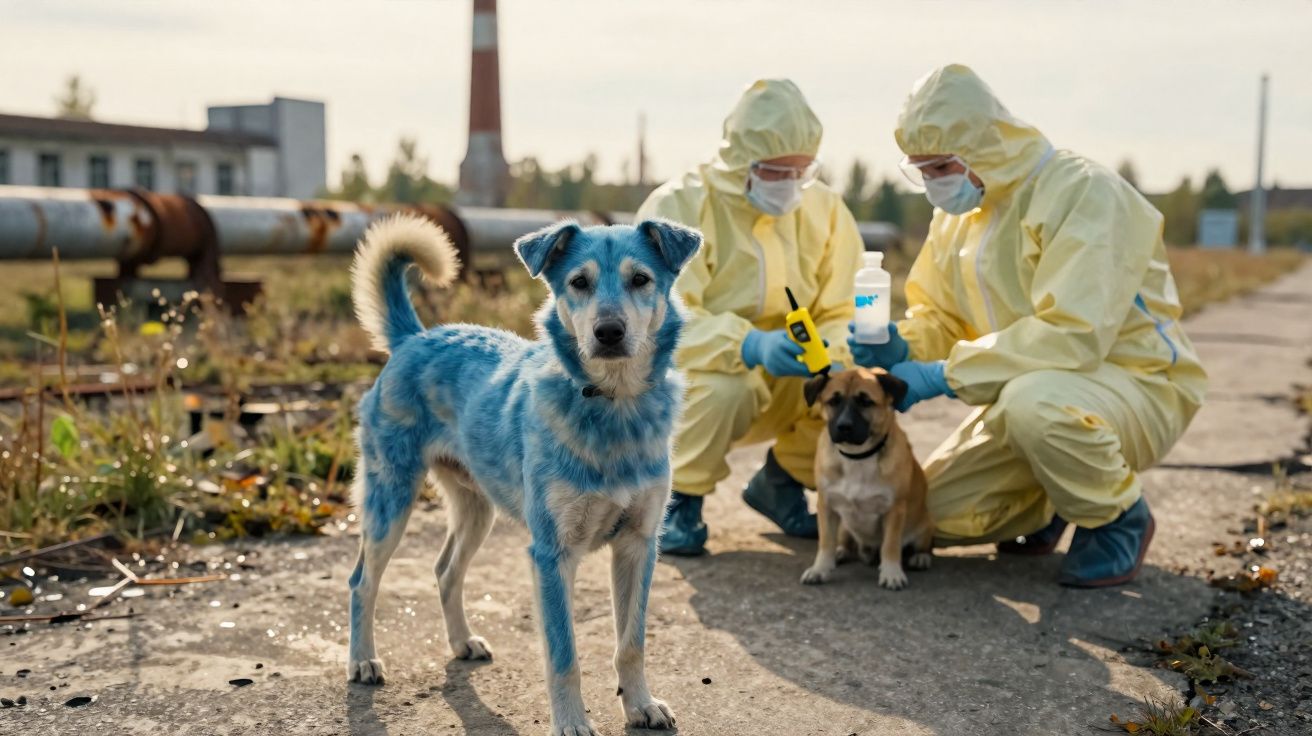 Cão com manchas azuis em primeiro plano, pessoas em equipamento de proteção atendem outro cão ao fundo.