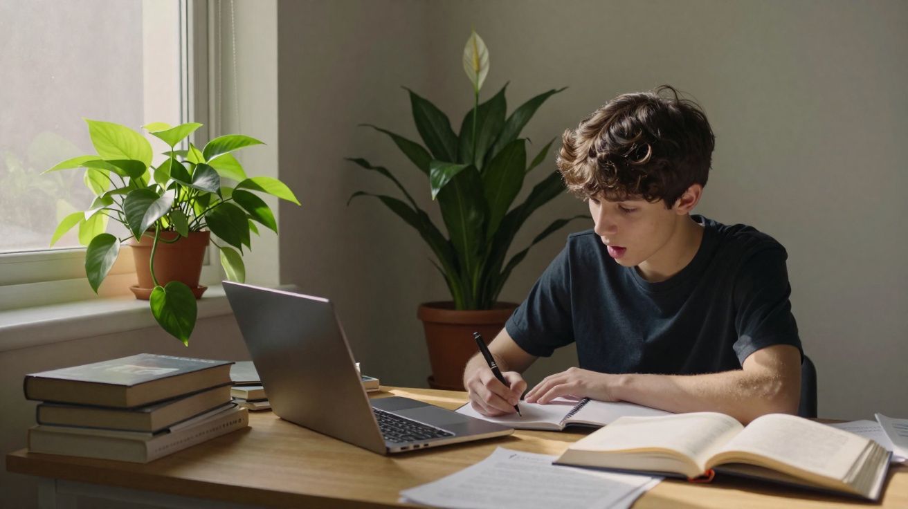 Jovem a estudar e escrever num caderno com computador e livros numa secretária junto à janela.