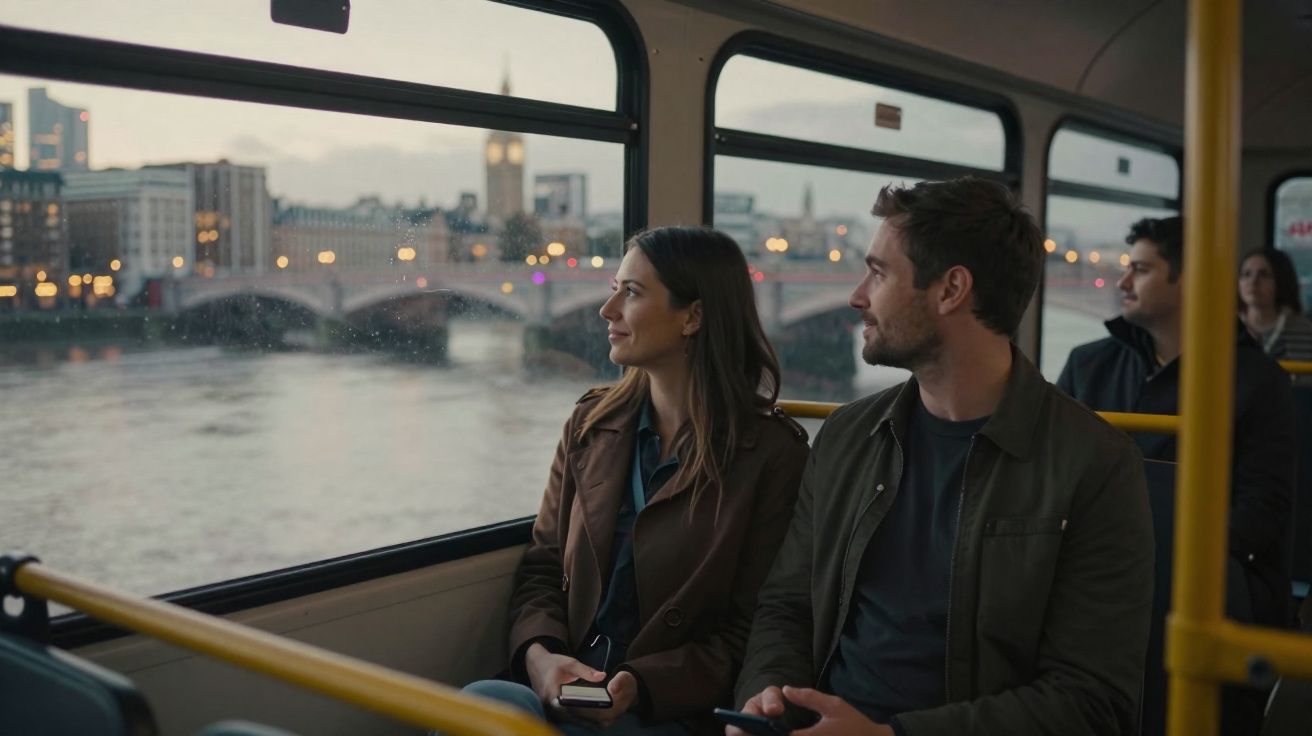 Casal sentado num autocarro a olhar pela janela para o rio e uma ponte iluminada ao anoitecer.