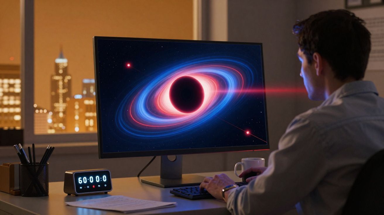 Homem sentado a ver um buraco negro colorido num ecrã de computador numa sala à noite.