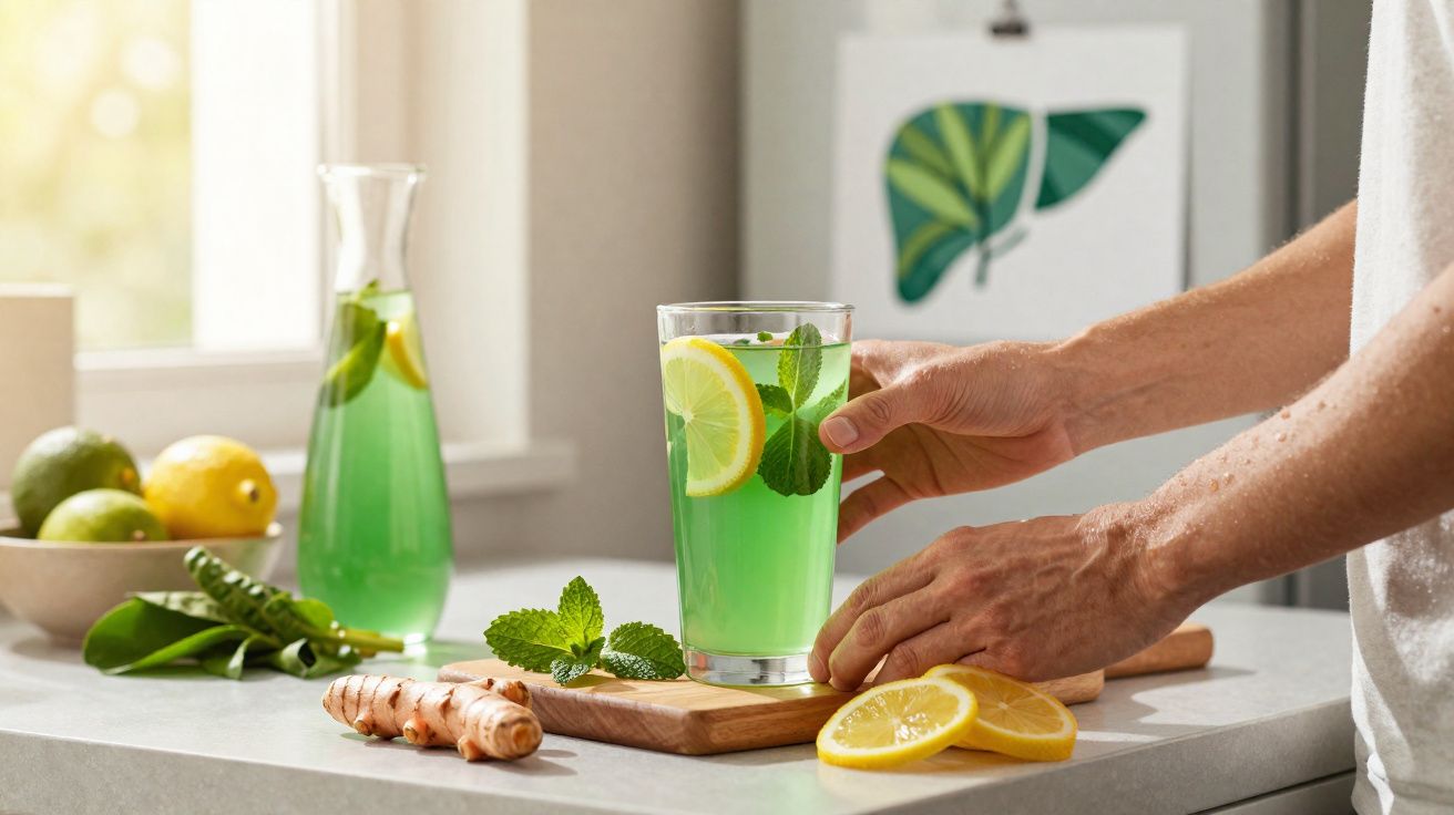 Mãos a segurar copo com bebida verde, fatias de limão e folhas de hortelã numa bancada iluminada.