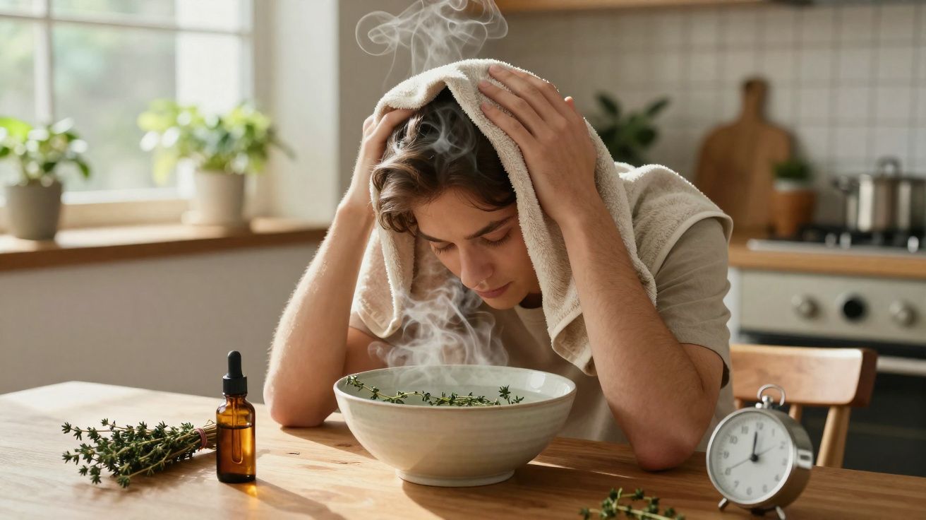 Pessoa a inalar vapor quente de bol com ervas, com toalha sobre a cabeça, numa cozinha luminosa.