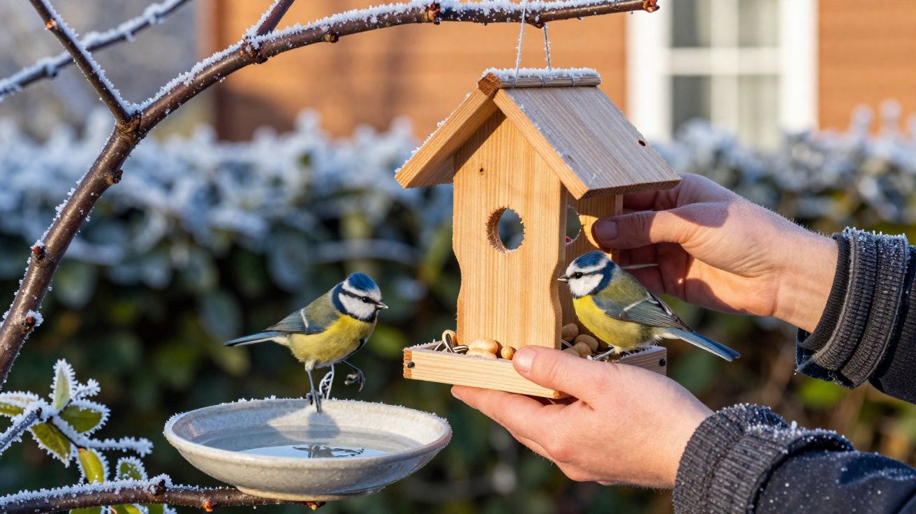 Mãos seguram comedouro de madeira com sementes, dois tentilhões azuis pousam em comedouro e bebedouro.