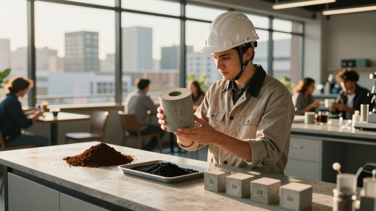 Engenheiro com capacete examina amostra de cimento num laboratório com materiais e colegas ao fundo.