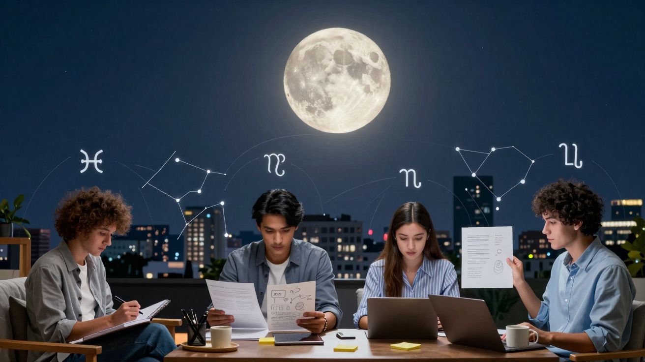 Quatro jovens estudam astrologia à noite com laptop, papéis e símbolos de constelações sob uma lua cheia brilhante.