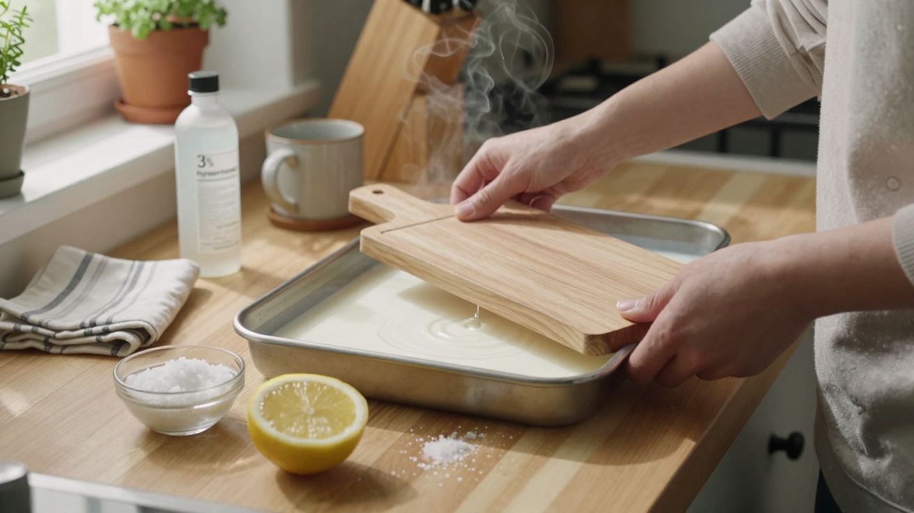 Pessoa a coar iogurte caseiro numa cozinha com limão, sal e utensílios na bancada de madeira.