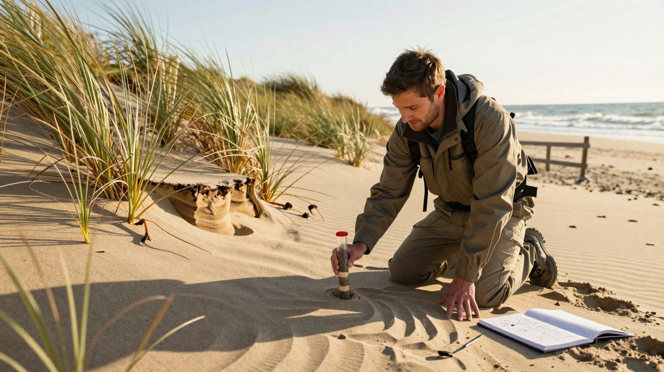 Homem em roupas de campo recolhe amostra de areia na praia junto a caderno aberto sobre a areia.