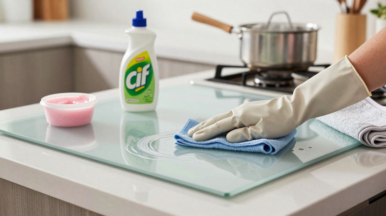 Pessoa a limpar placa de vidro de fogão com pano azul e luva, com produtos de limpeza na cozinha.