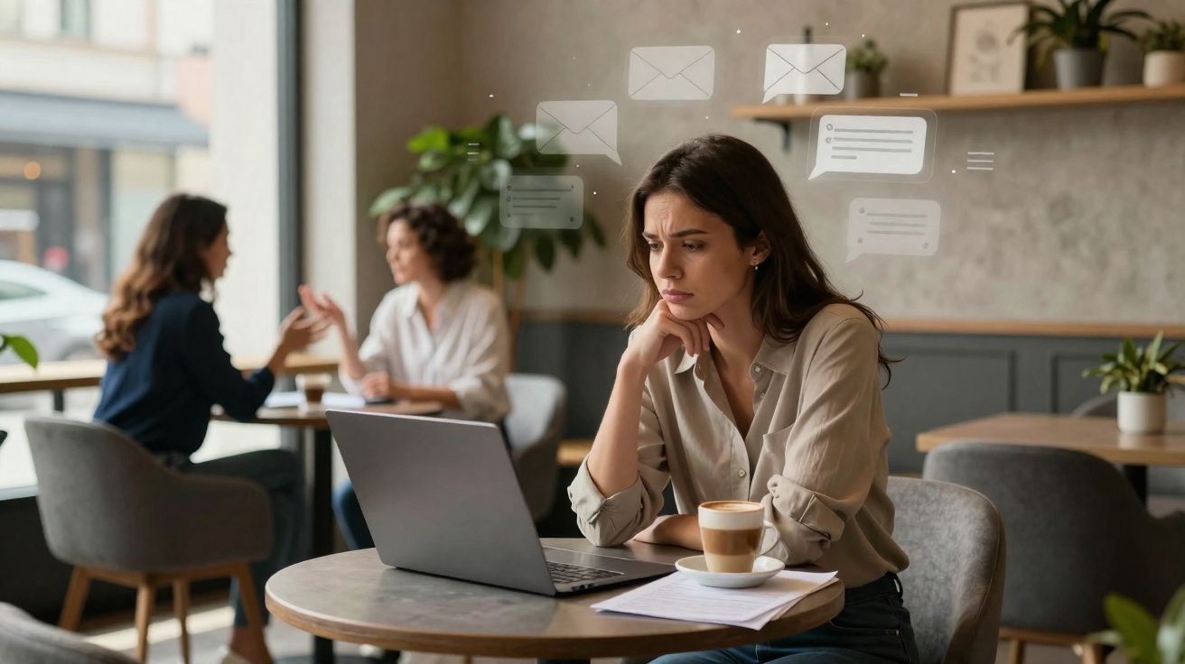 Mulher preocupada a olhar para o portátil numa cafetaria, com ícones de mensagens flutuando à volta.