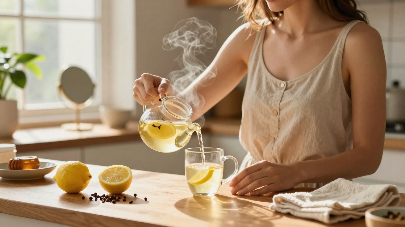 Mulher a servir chá quente de limão numa chávena transparente numa cozinha iluminada pelo sol.