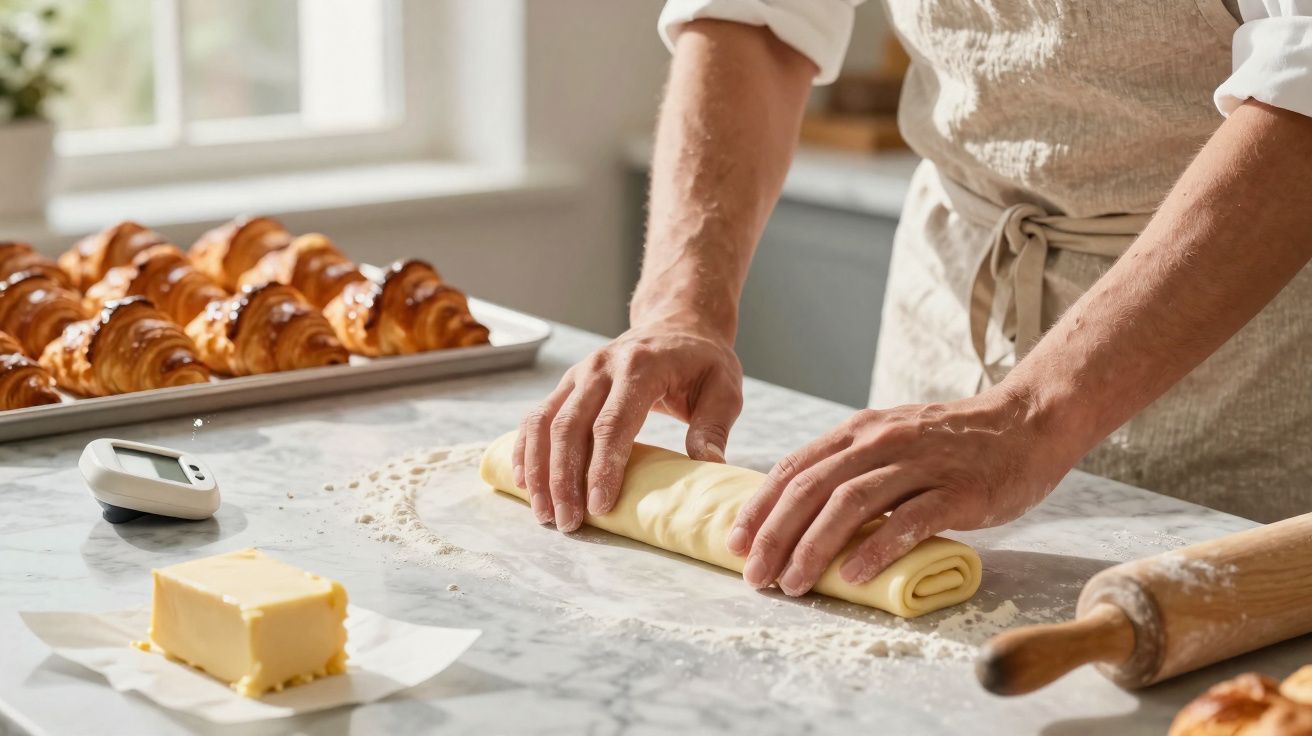 Pessoa a enrolar massa numa bancada de cozinha com croissants, manteiga e rolo de cozinha visíveis.