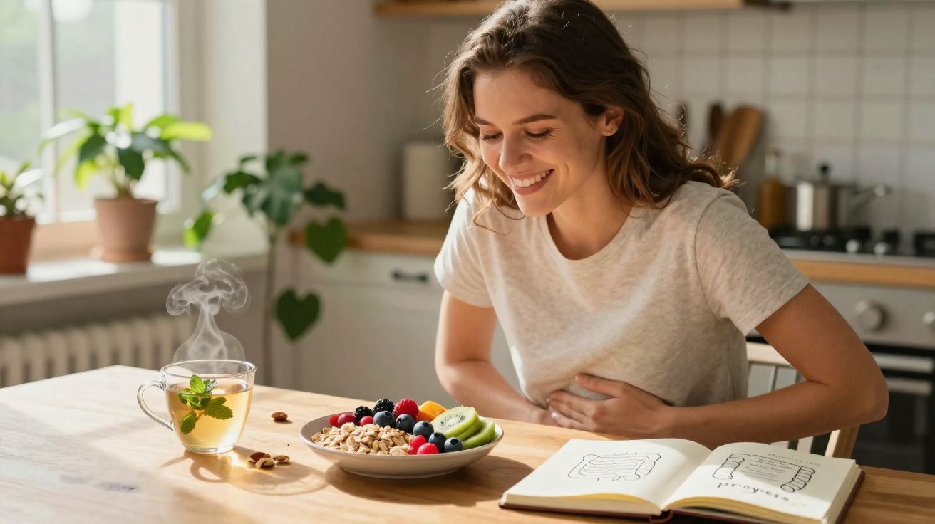 Mulher sorridente com dor abdominal ao lado de tigela de fruta, chá e livro numa cozinha iluminada.
