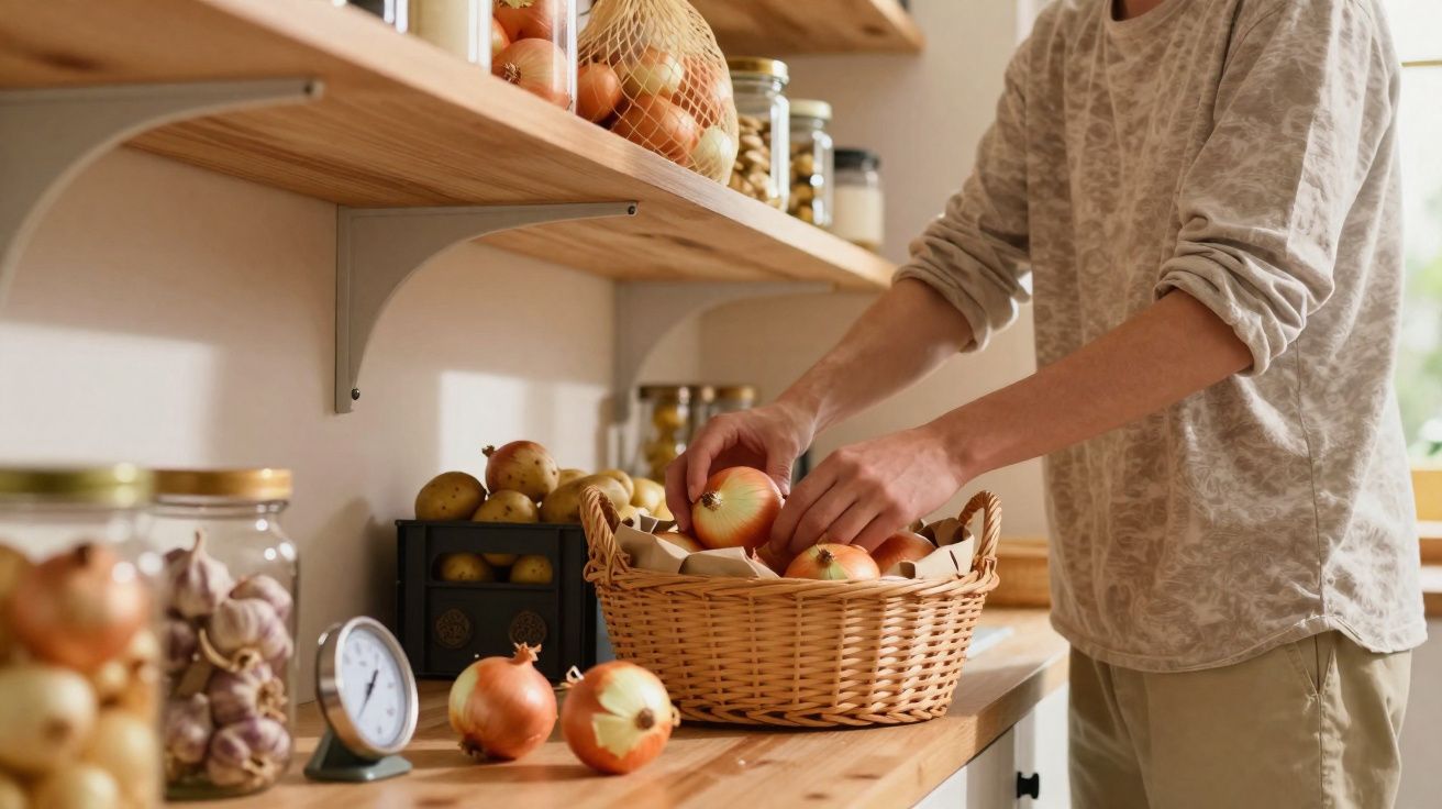 Pessoa a colocar cebolas numa cesta de vime numa cozinha com potes e legumes na bancada e prateleiras.