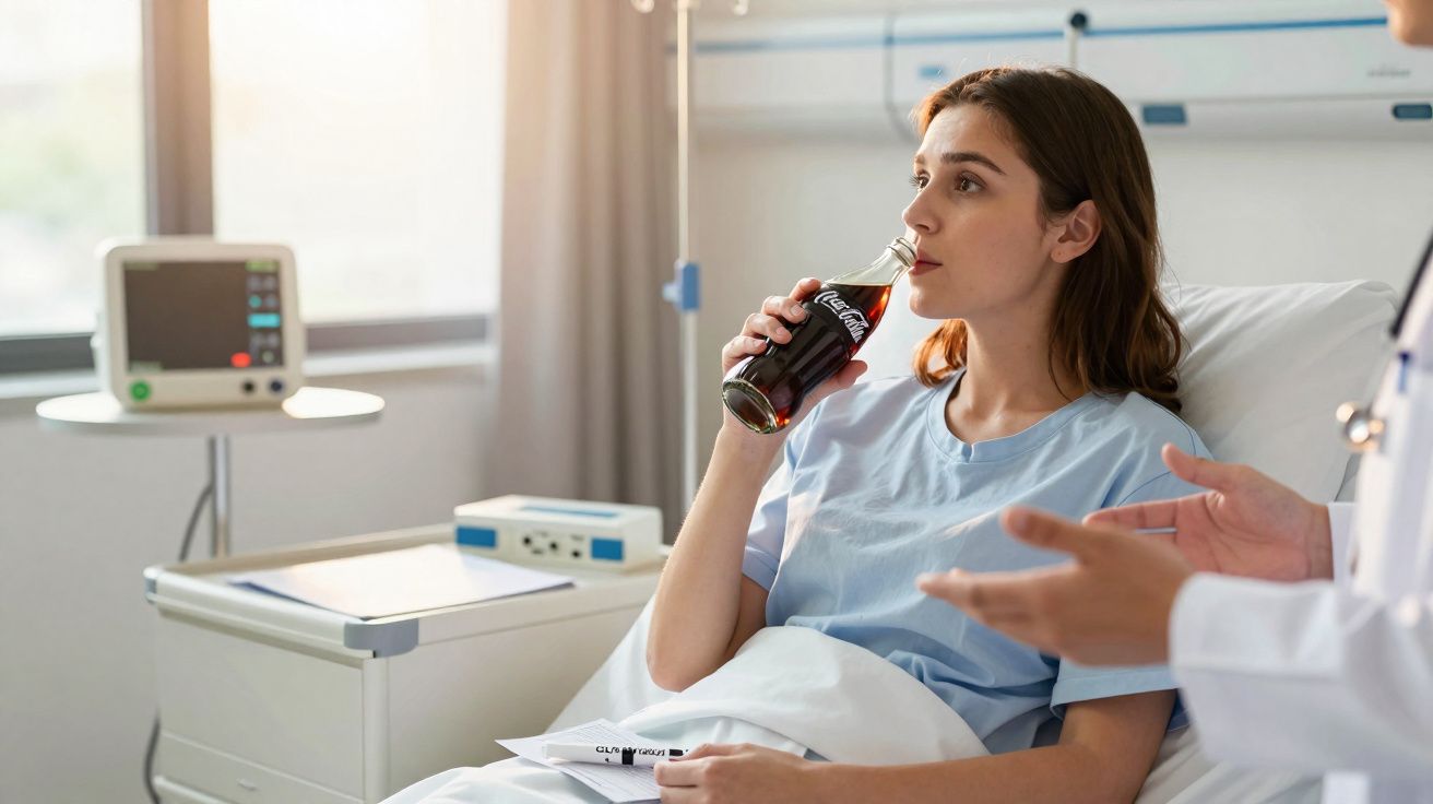 Mulher deitada em cama de hospital a beber uma garrafa de Coca-Cola enquanto médico fala com ela.