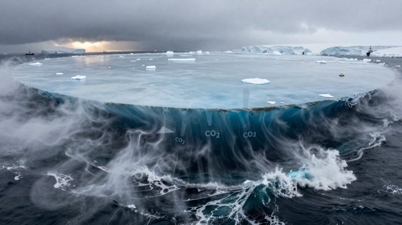Iceberg circular a libertar dióxido de carbono (CO2) no oceano sob céu nublado e mar agitado.